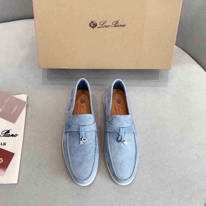 Light Blue Suede Penny Loafers
